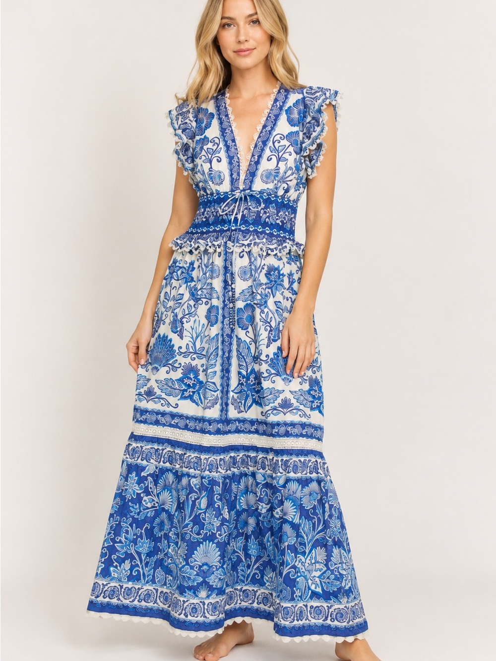 FARM Rio Shell Garden Maxi Dress Blue Floral XS Cotton Smocked 25787 - Picture 2 of 16